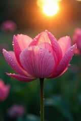 Fototapeta premium Lace-like petals, pearl-like dew, sunrise illuminates , elegant, natural light, morning light