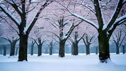 Snow covered Sakura flower trees