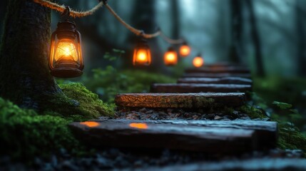 Mystical forest pathway with glowing lanterns leads through ancient trees and lush moss at twilight