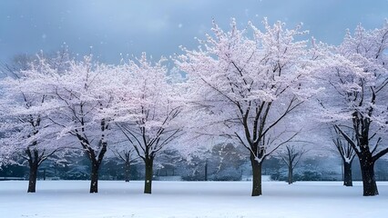 Winter landscape with trees and Sakura flower