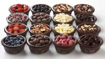 Obraz premium Assorted Delicious Fruit and Chocolate Desserts in Brown Bowls
