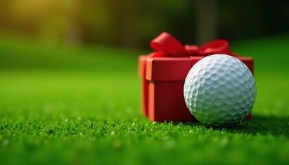 Naklejka premium New golf ball in elegant red gift box on vibrant green, victory, equipment, fresh