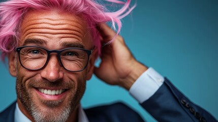 Obraz premium Man with pink hair and glasses is smiling and posing for a picture. Concept of humor and playfulness, as the man's unconventional appearance and the pink hair make him stand out