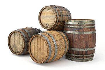 Rustic Wooden Barrels in Various Designs on White Background
