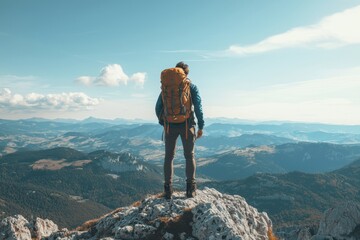 A lone hiker stands on a rocky mountain peak, gazing at the vast landscape below, embodying adventure and the spirit of exploration in nature.
