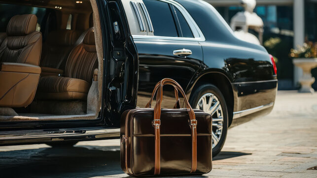 A luxurious black limousine parked elegantly with a stylish leather bag beside it, capturing the essence of comfort and sophistication.