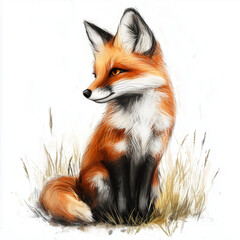 Fototapeta premium The picture shows a red fox on a light background. Her eyes are red, and the tips of her ears and tail are black