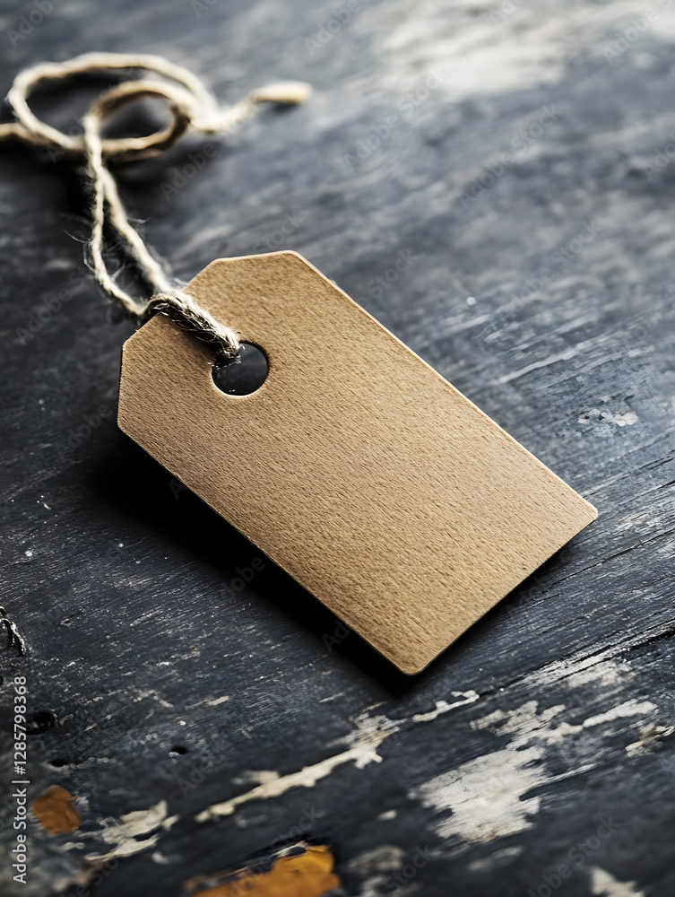 Poster Blank Brown Paper Tag on Rustic Surface with String for Labeling or Branding : Generative AI