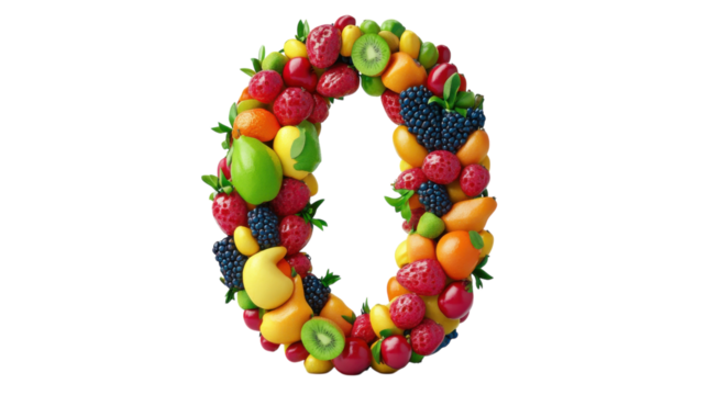 Vibrant arrangement of assorted fruits forming the number zero on a white background balancing visual appeal and health cues