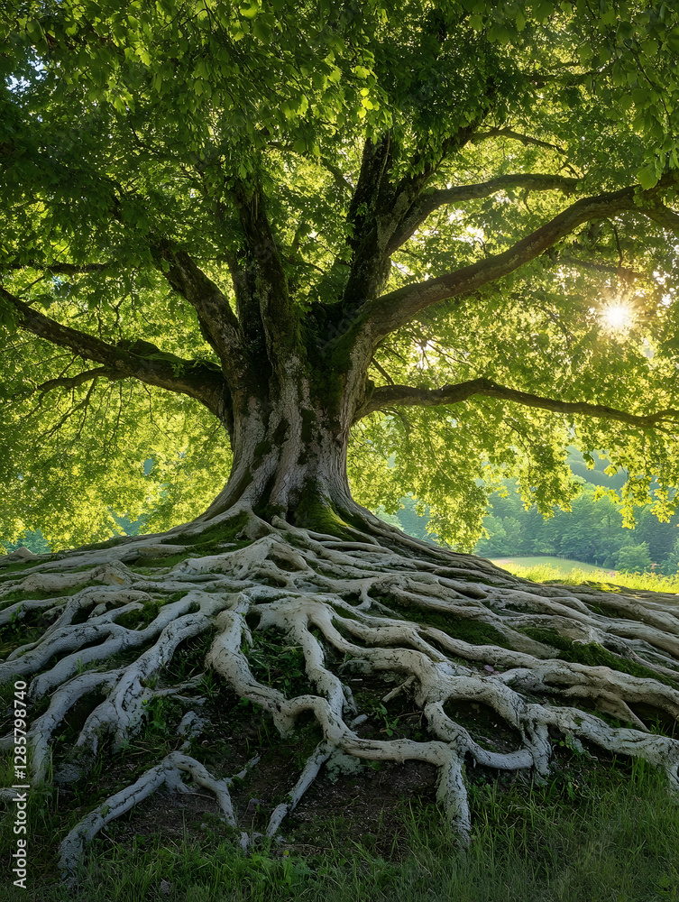Poster majestic old tree with expansive roots in lush green forest setting : generative ai