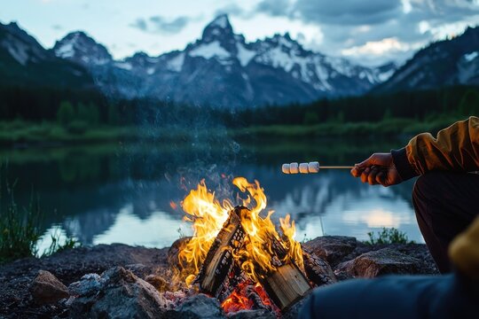 A serene evening by the campfire, with a person roasting marshmallows against a backdrop of majestic mountains and a tranquil lake under a twilight sky.
