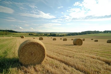 Fototapeta premium A serene landscape featuring golden hay bales scattered across a vast field under a clear blue sky, depicting the beauty of rural agriculture.
