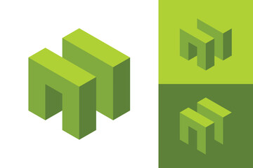 The image shows a flat monogram logo design of an initial letter M in green color that looks clean and sharp in 3D hexagon block on a white background