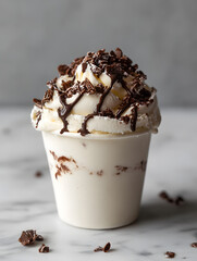 Delicious Cup of Chocolate Drizzled Vanilla Ice Cream with Crunchy Toppings : Generative AI