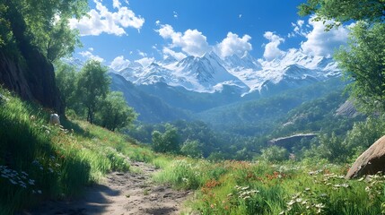 Fototapeta premium Breathtaking Mountain Vista with Lush Meadows and Majestic Peaks Under a Bright, Sunny Sky 