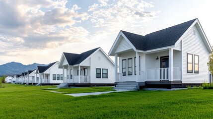 Row of White Cottages, Mountain View, Residential Housing, Peaceful Scene, Ideal for Family