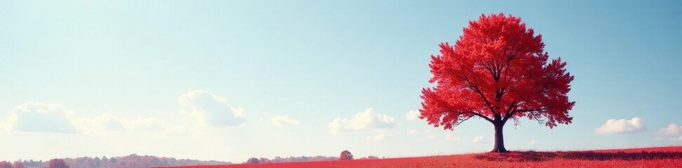 Fototapeta premium Solitary crimson maple ablaze against clear sky, october, red leaf