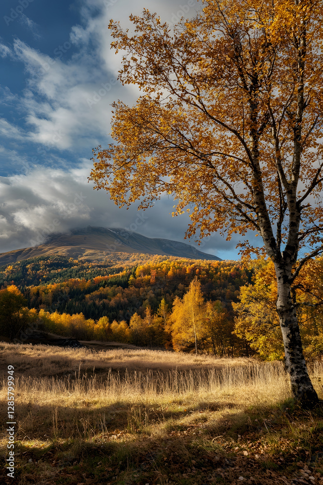 Poster autumn birch tree with golden leaves set against a dramatic mountain backdrop : generative ai