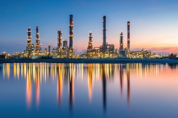 Obraz premium A stunning view of a modern oil refinery at sunset, reflecting in the water, showcasing industrial innovation and energy production.