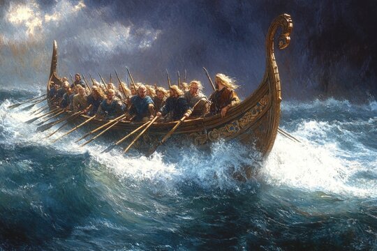 Viking warriors navigate stormy seas in a traditional longship while rowing with determination and strength