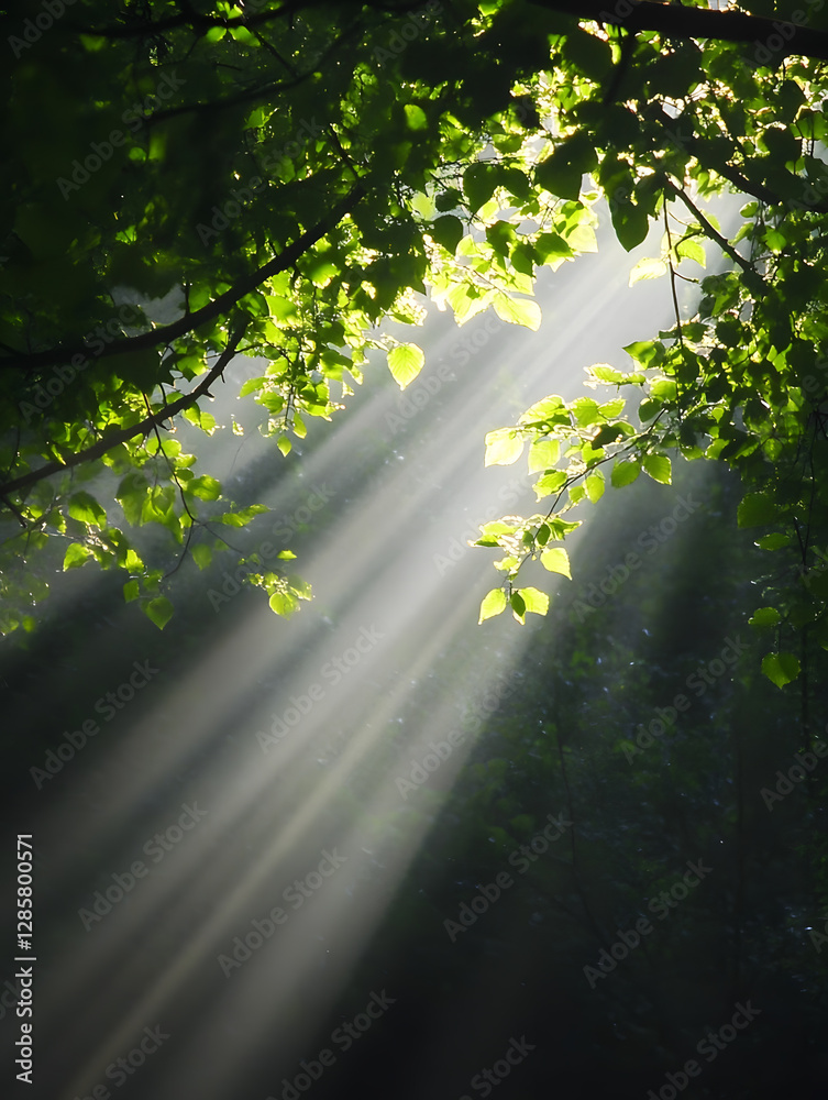 Aufkleber Sunlight Filtering Through Lush Green Trees in a Tranquil Forest Setting : Generative AI