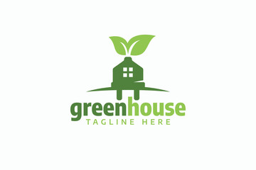 green house logo with a combination of a house silhouette, electric plug and leaves.
