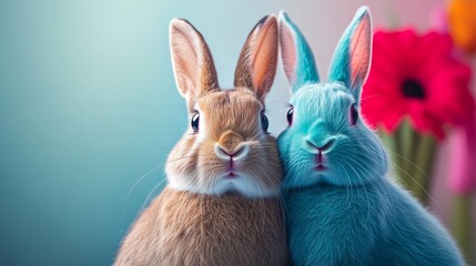 Obraz premium Two rabbits, one brown and one blue, are standing next to each other. The blue rabbit is looking at the camera with a curious expression. The scene is set against a backdrop of a flower arrangement