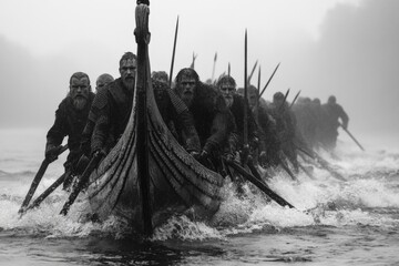 Viking warriors row through foggy waters, preparing for a journey to unknown lands in a dramatic scene