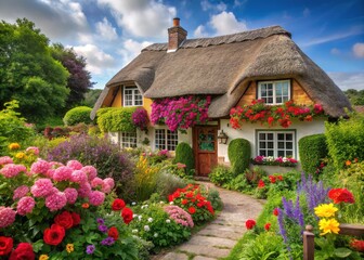 Picturesque Thatched Roof Cottage Nestled in a Vibrant Garden