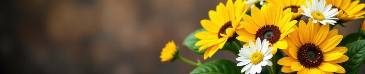 Sunflowers and daisies in a hand-tied bouquet , nature, garden flowers, still life