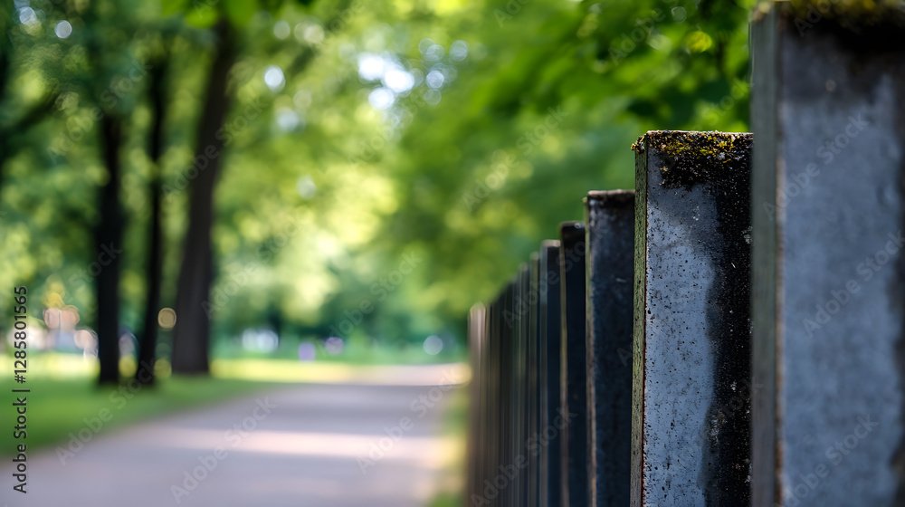 Poster Pathway with green trees and stone fence in a serene park setting : Generative AI