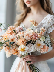 Romantic Bridal Bouquet with Soft Peach Roses and Elegant Lace Dress : Generative AI