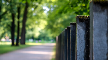 Pathway with green trees and stone fence in a serene park setting : Generative AI