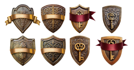 Vintage Shield Designs with Golden Ribbons and Decorative Keys, isolated on transparent background