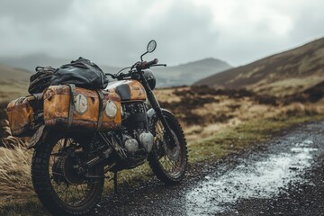 An adventurous motorcycle parked on a rugged path, surrounded by breathtaking landscapes and dramatic skies. Perfect for travel and exploration themes.
