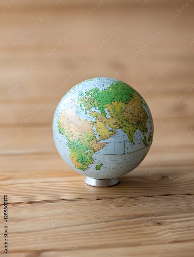 Poster Minimalistic Globe on Wooden Surface Symbolizing Global Exploration and Geography : Generative AI