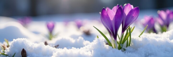 Fototapeta premium Vibrant purple crocus blossoms emerge from melting snow , natural beauty, color