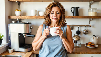 Mom savoring coffee aroma in modern kitchen, Mother's Day joy