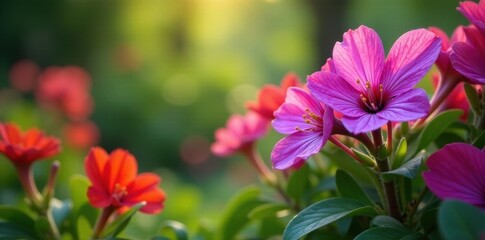 Fototapeta premium Vibrant purple & red spring blooms in lush garden , natural light, landscape