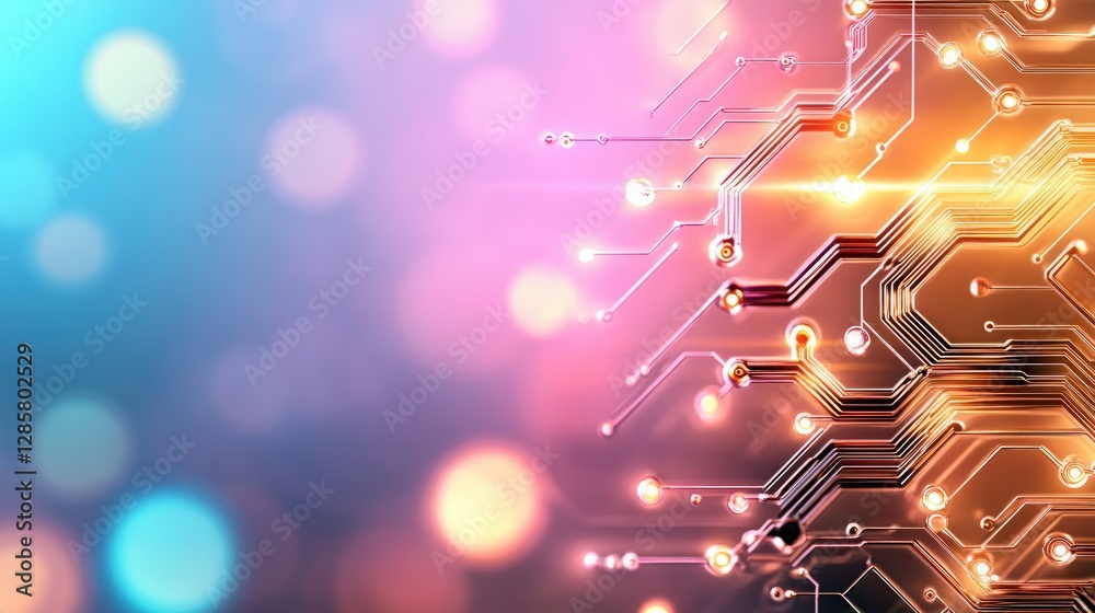 Poster Abstract Digital Circuit Board Pattern with Colorful Bokeh Background