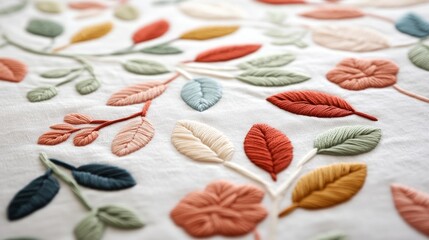 Elegant Floral Embroidery on Soft Fabric with Colorful Leaves Design