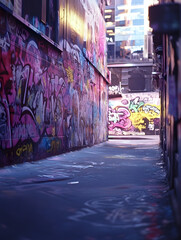 Fototapeta premium Colorful Urban Graffiti Alleyway in City with Vibrant Street Art : Generative AI