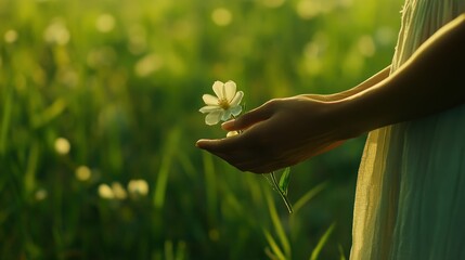 Gentle hands offering a delicate white flower in a sunlit meadow