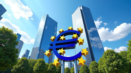 The large euro symbol is blue with yellow stars around it. In the background are tall modern buildings with mirrored facades reflecting the blue sky and clouds.