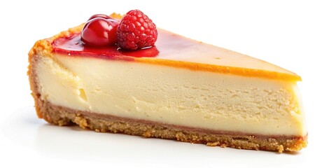 Slice of New York Classic Vanilla Cheesecake Isolated on White Background