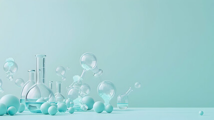 Laboratory scene with glassware and bubbles on a soft mint background, ideal for science themes