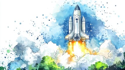 Obraz premium A vibrant illustration of a rocket launching into the sky, surrounded by colorful splashes of paint, symbolizing exploration and innovation.