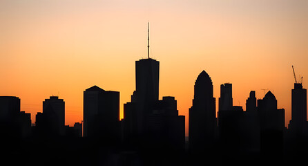 City skyline silhouette at dusk background. Soft golden hues fading behind urban skyscrapers