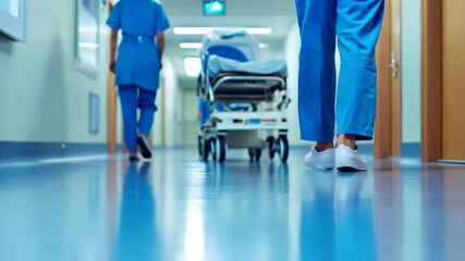 A hospital corridor with two medical workers in blue uniforms. One of them pushes a gurney with a patient. The floor is covered with blue linoleum