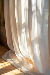 Soft white curtains with sunlight streaming through creating a serene and peaceful ambiance in a cozy living room : Generative AI